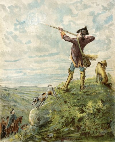 रूडोल्फ एरिच रास्पे (1736-94) द्वारा प्रकाशित c.1886 (कलर लिथो) द्वारा 'द एडवेंचर्स ऑफ बैरन मुनचौसेन' से बैरन मुनचौसेन को कैलिफोर्निया में एक अद्भुत निशानेबाज मिलता है। द्वारा अल्फोंस अदोलपे बिचर्ड