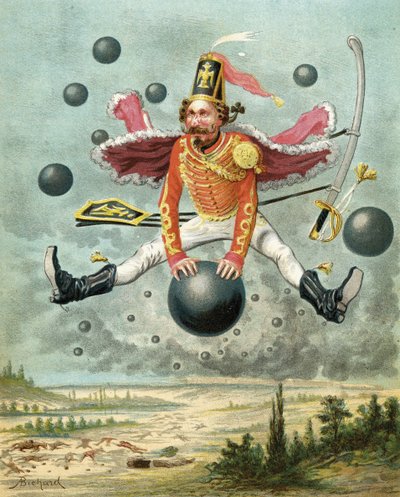 रूडोल्फ एरिच रास्पे (1736-94) द्वारा प्रकाशित c.1886 (कलर लिथो) द्वारा 'द एडवेंचर्स ऑफ बैरन मुनचौसेन' से टीपू के साथ लड़ाई के दौरान एक तोप के गोले की सवारी करते हुए बैरन मुनचौसेन द्वारा अल्फोंस अदोलपे बिचर्ड