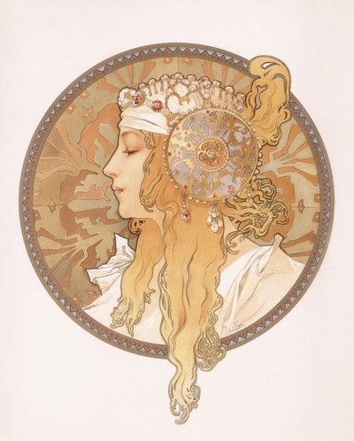 एक गोरा युवती का बीजान्टिन सिर; एक गोरा महिला का बीजान्टिन सिर, c.1897 द्वारा अल्फोंस मुचा