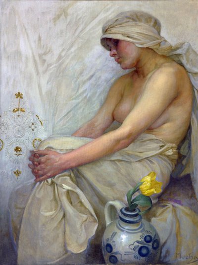 मुचा पर सिटिंग गर्ल, अल्फोंस मैरी (1860-1939), c. 1914 - कैनवास पर तापमान, 80x60 - निजी संग्रह द्वारा अल्फोंस मुचा