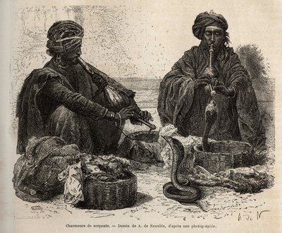 लेस चार्मर्स डी सर्पेंट्स, जो सरीसृपों का व्यापार करते हैं, जिन्हें वे अपने टौमरिल (बांसुरी) में फूंककर आकर्षित करते हैं, ए डी न्यूविल के चित्र के बाद उत्कीर्णन, 1864-1868 में लुई रूसेलेट द्वारा, राजाओं के भारत की यात्रा को दर्शाते हुए, प्रकाशित में " द्वारा अल्फोंस मैरी डी न्यूविल