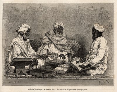 लेस मुल्लास डे ला मस्जिद डी भोपाल, मुस्लिम धर्म के विवादास्पद बिंदुओं की पूरी चर्चा में, ए डी न्यूविल के चित्र के बाद उत्कीर्णन, 1864-1868 में राजाओं के भारत में यात्रा का चित्रण, लुई रूसेलेट द्वारा, में प्रकाशित "" ले तो द्वारा अल्फोंस मैरी डी न्यूविल
