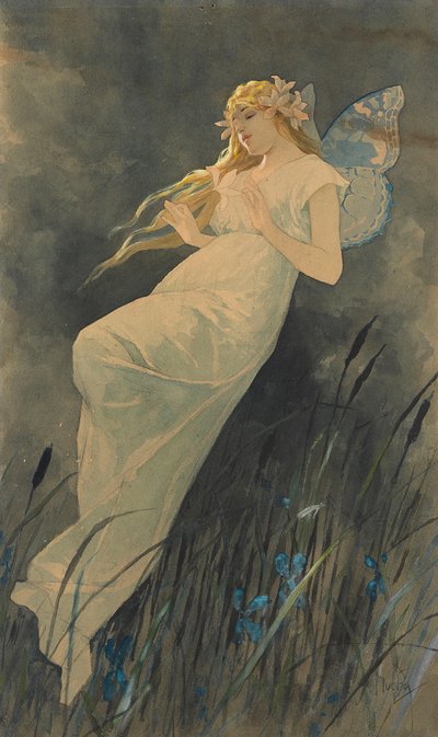 आईरिस फूलों के साथ एल्फ, सीए। 1886-1890। द्वारा Alphonse Mucha