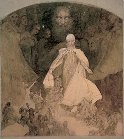 L'age de la Sagesse - स्टडी फॉर द एज ऑफ विजडम पर मुचा, अल्फोंस मैरी (1860-1939)। कागज पर जल रंग, आकार: 35x32 द्वारा अल्फोंस मुचा