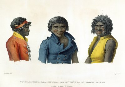 पोर्ट जैक्सन, न्यू हॉलैंड: नदी नेपियन क्षेत्र के मूल निवासी, &39;अराउंड द वर्ल्ड ट्रैवल कॉरवेट ऑफ यूरेनिया 1817-20&39;, फोर्ज द्वारा उत्कीर्ण, 1825 प्रकाशित द्वारा अल्फोंस पेलियन