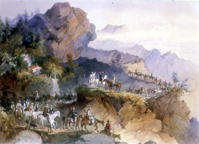 एक डिप्लोमैटिक पार्टी को एक पर्वत श्रृंखला के पार ले जाया जा रहा है (कागज पर पानी के रंग का) द्वारा अमादेओ प्रीज़ियोसिक