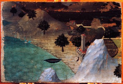 झील के किनारे का किला, एंब्रोगियो लोरेंजेटी (1319-1347) द्वारा, लकड़ी पर पेंटिंग, 22x33 सेमी। द्वारा एम्ब्रोगियो लोरेंजेटी