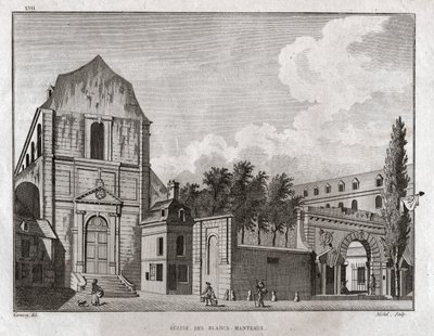 पेरिस में मरैस जिले में ब्लैंक्स मंटियो का चर्च। लगभग 1780 (उत्कीर्णन) द्वारा एम्ब्रोज़ लुई गार्नेरे