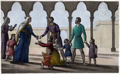बाटिल्डे (या बथिल्डे, क्लोविस II की पत्नी) एक महंगी श्रद्धांजलि को समाप्त कर देता है जो गल्स द्वारा छोटे और बड़े प्रति सिर भुगतान किया जाता है। -चेल्स अभय. 1825 में एम्ब्रोइस टार्डियू द्वारा डिजाइन और उत्कीर्ण किया गया। द्वारा एम्ब्रोडि टार्डिउ