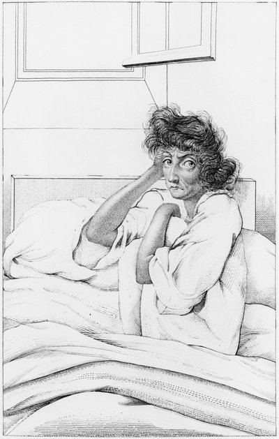 अवसादग्रस्तता वाली महिला, एटिने एस्क्विरोल (1772-1840) 1838 द्वारा &39;मानसिक बीमारियों पर विचार किया गया मेडिकल, हाइजेनिक और मेडिको-लीगल&39; से चित्रण द्वारा एम्ब्रोडि टार्डिउ