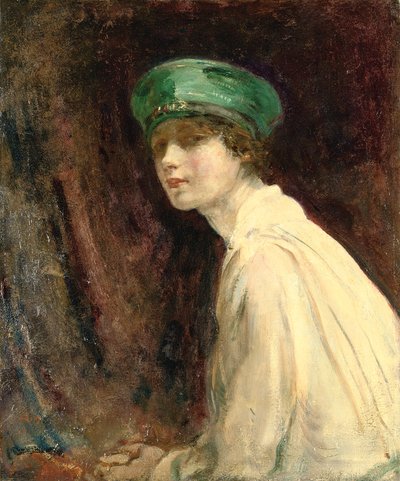 "द ग्रीन हैट", श्रीमती क्लाउड जॉनसन, 1918 का एक चित्र द्वारा Ambrose McEvoy