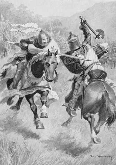 रॉबर्ट ब्रूस (1274-1329) और सर हेनरी डी बोहुन (1276-1322) के बीच एनकाउंटर, सर एवलिन वुड (1838-1919) द्वारा संपादित ब्रिटिश बैटल ऑन लैंड एंड सी का चित्रण पहली बार 1915 में प्रकाशित हुआ (रंग लिथो द्वारा एम्ब्रोस डी वाल्टन