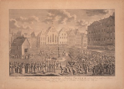 जुलाई 1792 में फ्रैंकफर्ट कैथेड्रल से रोमरबर्ग तक फ्रांसिस द्वितीय का राज्याभिषेक जुलूस द्वारा एम्ब्रोसियस गेबलर