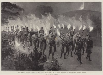 हमारे शाही मेहमान, बाल्मोरल में कजार और कजरिना का आगमन, हाईलैंडर्स असर टार्च द्वारा एस्कॉर्ट किया गया द्वारा अमेदी फॉरेस्टियर
