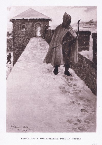 सर्दियों में एक उत्तर ब्रिटिश किले का पैट्रोलिंग, रोमन सैनिक का चित्रण, 1928 द्वारा अमेदी फॉरेस्टियर