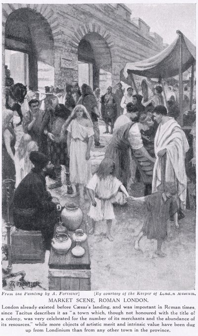रोमन बाजार का दृश्य, लंदन, &39;हचिन्सन हिस्ट्री ऑफ द नेशंस&39; का चित्रण, c.1910 द्वारा अमेदी फॉरेस्टियर