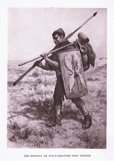 इम्पीडिटस या पूरी तरह सुसज्जित पैर सैनिक, रोमन सैनिक का चित्रण, 1928 द्वारा अमेदी फॉरेस्टियर