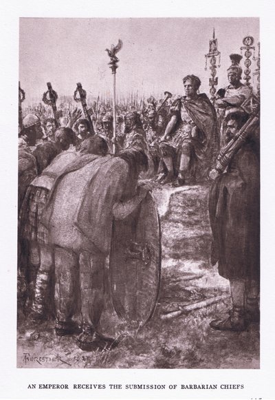 सम्राट को बर्बरीक प्रमुखों का परिचय प्राप्त होता है, रोमन सोल्जर, 1928 से चित्रण द्वारा अमेदी फॉरेस्टियर