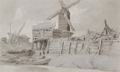 पवनचक्की और नाव यार्ड, c.1803 (लकड़ी का कोयला, पेंसिल और वॉश) द्वारा अमेलिया लोंग