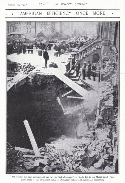 पार्क एवेन्यू, न्यूयॉर्क शहर, संयुक्त राज्य अमेरिका, 22 मार्च 1902 पर मेट्रो सुरंग के हिस्से का पतन (b/w फोटो) द्वारा अमेरिकी फ़ोटोग्राफ़र (बाद में)