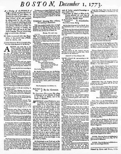 बोस्टन टी पार्टी, दिसंबर, 1773 (प्रिंट) की घटनाओं का विस्तार करने वाला एक व्यापक अखबार द्वारा अमेरिकी स्कूल