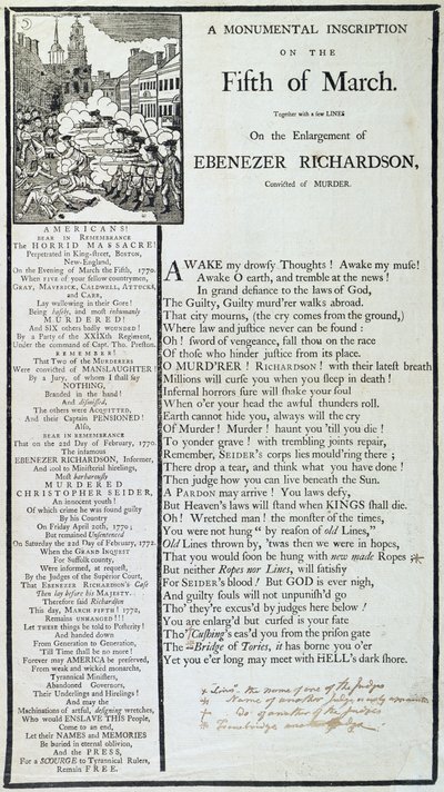 मार्च, 1772 के पांचवें पर एक स्मारक शिलालेख (प्रिंट) द्वारा अमेरिकी स्कूल