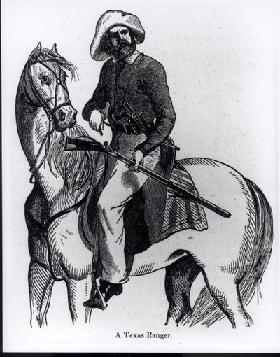 एक टेक्सास रेंजर, 1848 में जॉन फ्रॉस्ट द्वारा &39;पिक्टोरियल हिस्ट्री ऑफ मैक्सिको एंड द मैक्सिकन वॉर&39; का चित्रण द्वारा अमेरिकी स्कूल