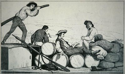 मिसिसिपी नदी पर कार्गो ले जाने वाली एक फ्लैटबोट, c.1840 (उत्कीर्णन) द्वारा अमेरिकी स्कूल