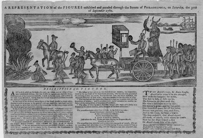 30 सितंबर 1780 को शनिवार को फिलाडेल्फिया की सड़कों के माध्यम से प्रदर्शित और परेड किए गए आंकड़ों का एक प्रतिनिधित्व द्वारा अमेरिकी स्कूल