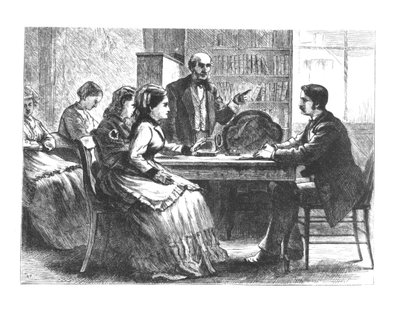 एक महिला सुसान बी। एंथोनिस नई वर्किंग वुमेन्स प्रोटेक्टिव एसोसिएशन, 1860 के -70 के सलाहकार की सहायता से एक फैक्ट्री मैनेजर से बातचीत करती है। द्वारा अमेरिकी स्कूल