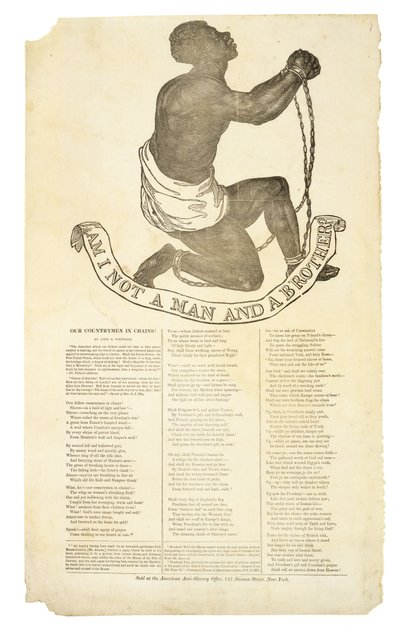 क्या मैं एक आदमी और एक भाई नहीं हूँ ?, c. 1837 (वोव पेपर पर लकड़ी की नक्काशी) द्वारा अमेरिकी स्कूल