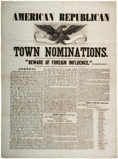 अमेरिकन रिपब्लिकन टाउन नामांकन: विदेशी प्रभाव से सावधान रहें, c.1845 द्वारा अमेरिकी स्कूल