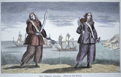 ऐनी बोनी (बी.1697) और मैरी रीड (रंगीन उत्कीर्णन) द्वारा अमेरिकी स्कूल