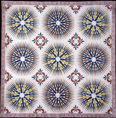 Applique और Pieced Mariner&39;s Compass और Hickory Leaf Quilt, c.1860 (कपास) द्वारा अमेरिकी स्कूल