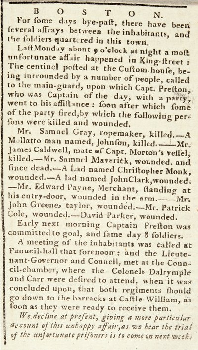 5 मार्च, 1770 को बोस्टन नरसंहार की घटनाओं का विस्तार करते हुए बोस्टन क्रॉनिकल का लेख द्वारा अमेरिकी स्कूल