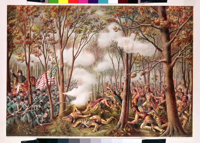 7 नवंबर, 1811 को तिप्पेकेनो नदी, इंडियाना टेरिटरी में मूल अमेरिकियों का हमला द्वारा अमेरिकी स्कूल
