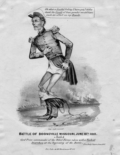 बोनेविले, मिसौरी की लड़ाई, 18 जून, 1861: जेनल का एक स्केच। 1861 में न्यूयॉर्क में प्रकाशित लड़ाई की शुरुआत में एक हिंसक दस्त के साथ लिया गया मूल्य द्वारा अमेरिकी स्कूल