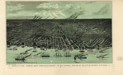 डेट्रॉइट, मिशिगन, c.1889 (लिथो) शहर के मध्य भाग के लगभग तीन मील वर्ग को दर्शाने वाले पक्षियों की आंखों का दृश्य द्वारा अमेरिकी स्कूल
