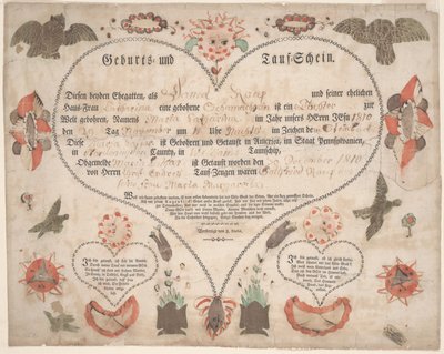 मारिया कैथरीना राउप c.1806 (कागज पर पानी के रंग के साथ कलम और स्याही) के लिए जन्म और बपतिस्मा प्रमाण पत्र (गेबर्ट्स अंड तौफ्शेन) द्वारा अमेरिकी स्कूल
