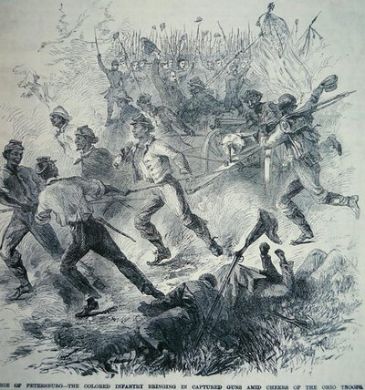 पीटर्सबर्ग की घेराबंदी (1864-65) (लिथो) के दौरान केंद्रीय सेना के ब्लैक ट्रूप्स कैप्चर की गई बंदूकें लेकर आए द्वारा अमेरिकी स्कूल