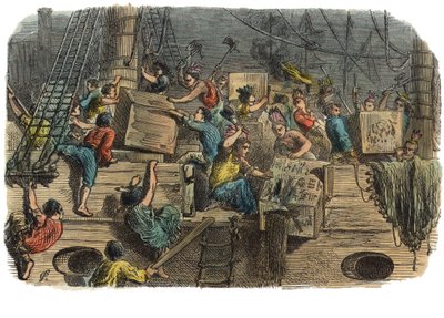बोस्टन टी पार्टी, c.1860s (हाथ से रंगी हुई नक्काशी) द्वारा अमेरिकी स्कूल