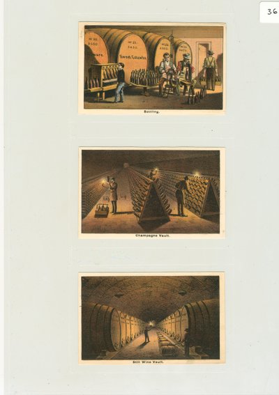 'बॉटलिंग' और शैंपेन वॉल्ट, वाइनरी के लिए ट्रेड कार्ड, c.1876 (कलर लिथो) द्वारा अमेरिकी स्कूल