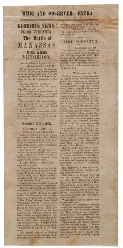 22 जुलाई 1861 के बाद मैनासस, व्हिग एंड ऑब्जर्वर एक्स्ट्रा की पहली लड़ाई की घोषणा करते हुए ब्रॉडसाइड द्वारा अमेरिकी स्कूल