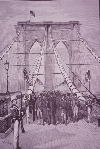 24 मई 1883 को अपने उद्घाटन समारोह में ब्रुकलिन ब्रिज, राष्ट्रपति आर्थर (उत्कीर्णन) द्वारा अमेरिकी स्कूल