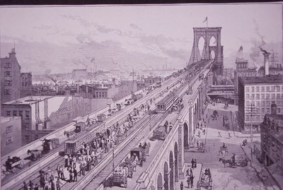 उद्घाटन समारोह के ठीक बाद ब्रुकलिन ब्रिज, 26 मई 1883 को प्रकाशित (उत्कीर्णन) द्वारा अमेरिकी स्कूल