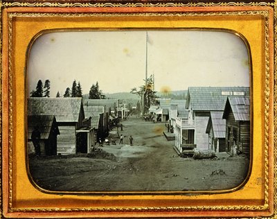 कैलिफ़ोर्निया गोल्ड माइनिंग टाउन, c.1852 (आधा-प्लेट डाएगुएरोटाइप, उभरा चमड़े का मामला) द्वारा अमेरिकी स्कूल