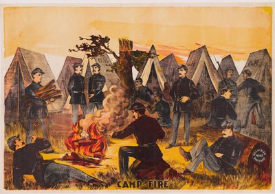 कैम्प फायर, पब। c1865 रंग लिथोग्राफ द्वारा अमेरिकी स्कूल