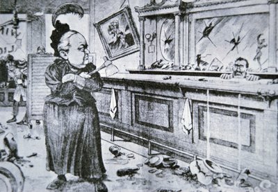कैरी नेशन विद उसकी हैचेट, c.1905 (लिथो) द्वारा अमेरिकी स्कूल