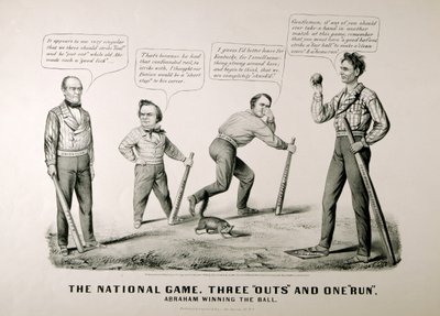 1860, 1860 के राष्ट्रपति चुनाव में अब्राहम लिंकन (1809-65) ने अपने विरोधियों डगलस, बेल और ब्रेकेनरिज के खिलाफ बॉल जीतते हुए कार्टून दिखाया द्वारा अमेरिकी स्कूल