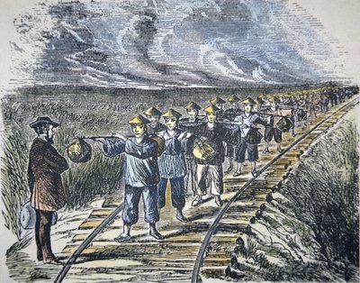 चार्ल्स क्रोकर (1822-88) और उनके चीनी कर्मचारियों ने सेंट्रल पैसिफिक रेलरोड का निर्माण करते हुए 1869 (कलर लिथो) को पूरा किया। द्वारा अमेरिकी स्कूल